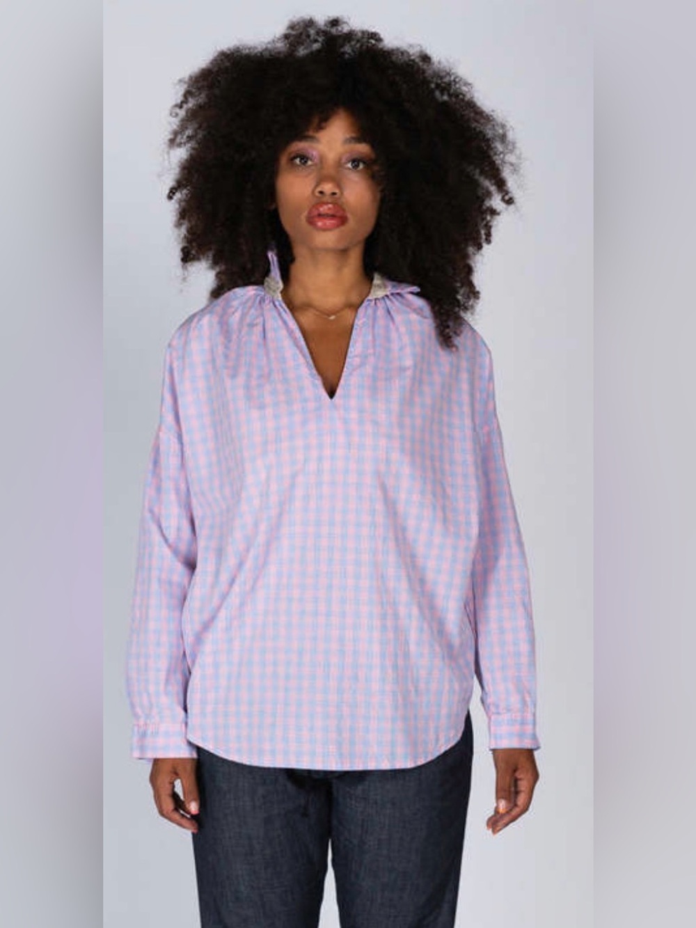 A Shirt Thing Penelope Pink Check Shirt Size Large Ruffle Neck Blouse